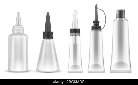 Glue packing. Realistic tubes and bottles for adhesive, tooth paste and cosmetic products. Isolated vector set. Container tube stick, bottle cosmetic Stock Vector