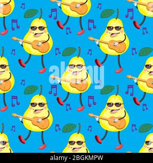 seamless cartoon pattern of a yellow pear playing guitar on a blue background. Vector image Stock Vector