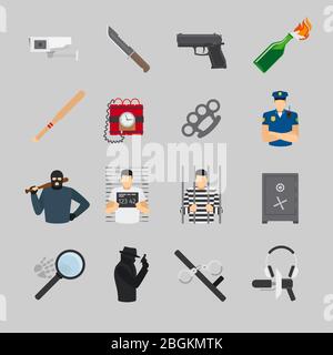 Crime icons in flat design. Offender and police, robbery and wanted Stock Vector