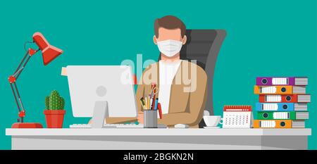 Freelancer or remote worker on quarantine. Man in medical mask working on his computer at desktop. Office personal work at home to avoid disease of coronavirus covid-19 ncov. Flat vector illustration Stock Vector