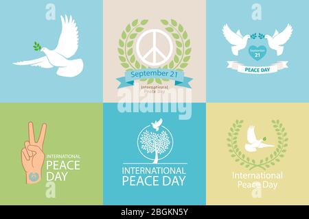 International Day of Peace Poster Templates with white dove and olive branch Stock Vector