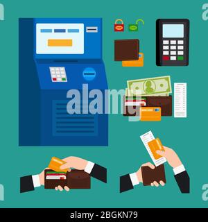 ATM Terminal Usage. Deposit and withdrawal money icons Stock Vector