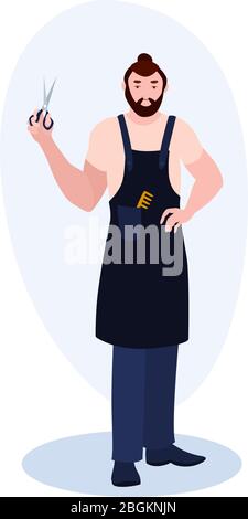 Hairdresser In A Black Apron With A Beard vector illustration from professions collection. Flat cartoon illustration isolated on white Stock Vector