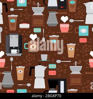 Vector coffee shop seamless pattern. Background with coffee maker and coffee beans Stock Vector