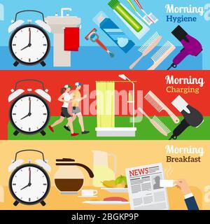 Good Morning New Day Banners. Fitness and shower, breakfast and morning newspaper Stock Vector