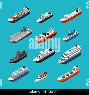 Passenger and cargo ships, sailing boats, yachts and vessels isometric vector transportation icons isolated. Liner and tugboat, tanker shipping, steam Stock Vector