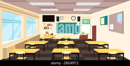 Cartoon empty classroom, high school room interior with desks and blackboard. Education vector concept. Classroom education school, class with table i Stock Vector