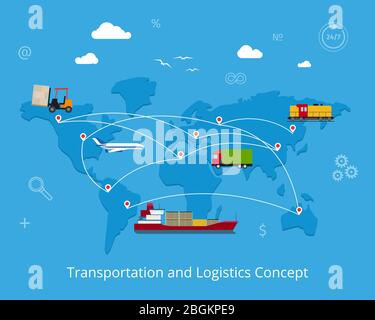 Logistics flat global transportation concept. Maritime and land transport, railway and air transport on world map background Stock Vector