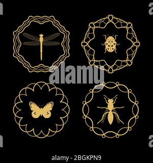 Insects hipster labels. Butterfly and dragonfly in calligraphy framework Stock Vector