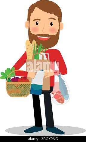 Young man with food bags and basket, containing vegetables, fish, bread. Vector illustration. Stock Vector