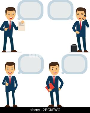 Businessman with speech bubbles, holding documents and talking on phone. Vector illustration. Stock Vector