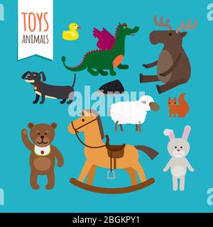 Toys Animals Vector. Teddy bear and rabbit, dragon and soft sheep Stock Vector