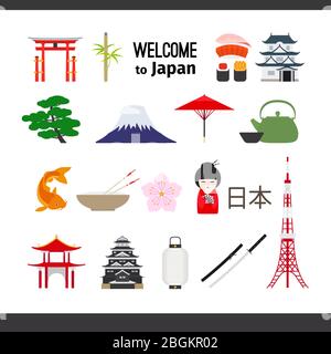 Travel Japan. Set of icons of japanese castels, torii, mountain Fiuji, bamboo, geisha. Welcome to Japan sign. Vector illustration Stock Vector