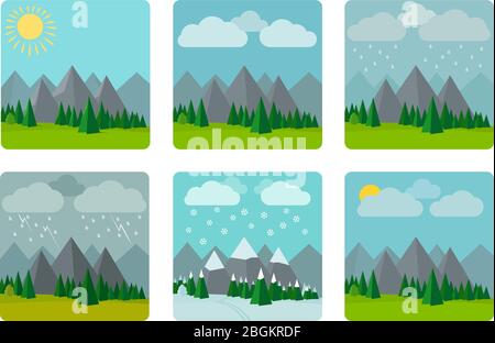 Weather illustrations in flat style. Mountains with snow, rain and sun. Vector illustration. Stock Vector