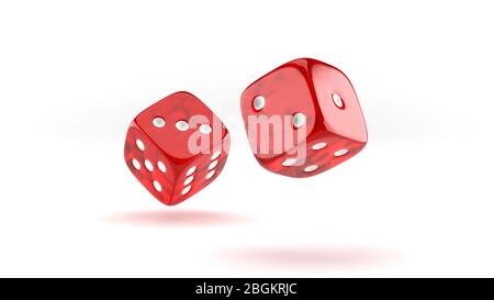 Falling red casino dice on white background. Stock Photo