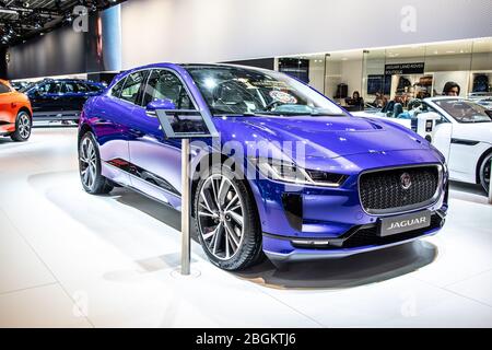 Brussels, Belgium, Jan 2020 electric Jaguar I-PACE SUV with high voltage battery, electric engine motor, Brussels Motor Show, Jaguar ev SUV Stock Photo