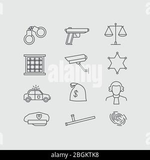 Crime and police line vector icons set. The legal system ,jale, police car and scales Stock Vector