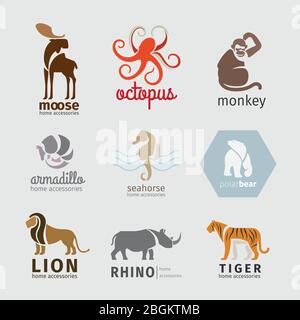 Animals vector logos, emblems and labels set in flat style Stock Vector