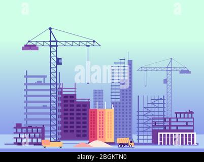 Building process. Unfinished buildings and construction machines. Vector illustration. Foundation building skyscraper development Stock Vector