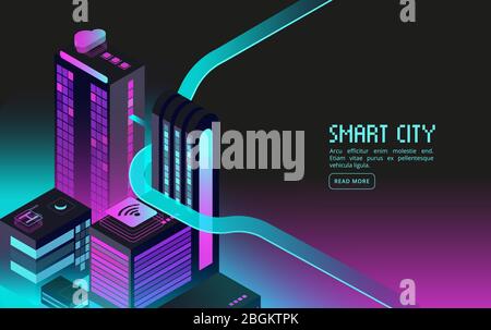 Smart building. Intelligent houses in night city. Augmented reality 3d isometric abstract futuristic vector concept. Illustration of building city hou Stock Vector