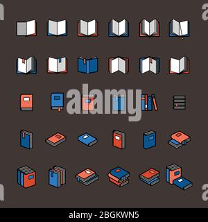 Book color icons in flat style. Blue and orange books on brown background. Vector illustration Stock Vector