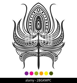 Abstract black and white feather isolated on white background. Peacock feather coloring page. Vector illustration Stock Vector