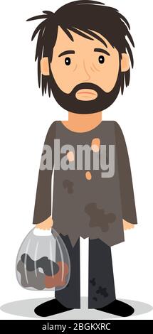 Homeless. Shaggy man in dirty rags and with a bag in his hand. Vector illustration. Stock Vector