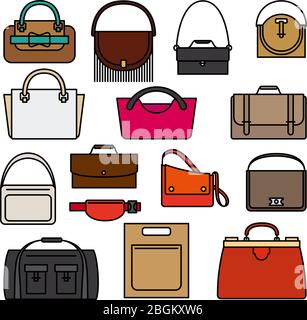 Bag colored icons on white background. Bags, purse and handbags vector icons Stock Vector