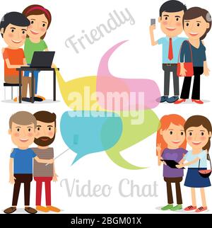 Friendly video chat or Video conference. People video online meeting on different devices. Vector iluustration Stock Vector