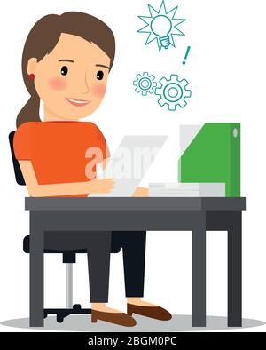 Young businesswoman at workplace. Office work, documets and business planning. Vector illustration. Stock Vector