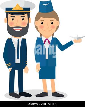 Pilot and stewardess vector characters. Airline company employee in uniform. Stock Vector