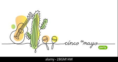 Cinco de mayo party simple vector background. One continuous line drawing of cactus, maracas, guitar and text. Stock Vector