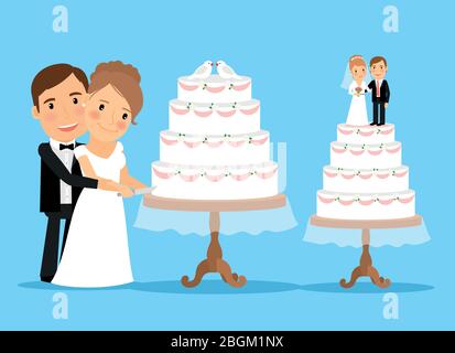 Wedding cake with bride and groom cutting wedding cake together. Wedding ceremony. Vector illustration for wedding invitation Stock Vector