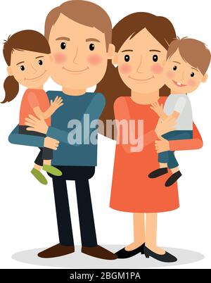Couple with children. Mother and father stanging together holding kids. Vector illustration Stock Vector