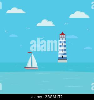 Lighthouse and sailboat on seascape. Seaside with blue water, clouds, ship, lighthouse building. Vector illustration of sea landscape background in fl Stock Vector