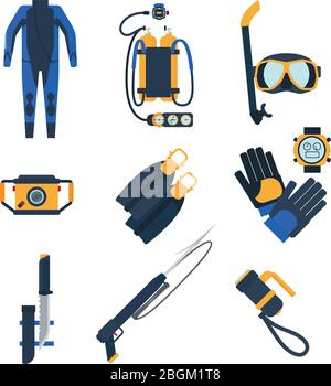 Diving equipment icons in flat style. Diving mask and diving suit, snorkel and flippers. Vector illustration. Stock Vector