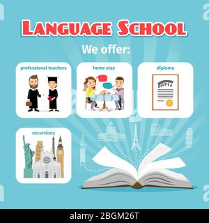 Benefits of studying in language school abroad. Professional teachers, home stay, diploma and excursions opportunity. Vector illustration Stock Vector