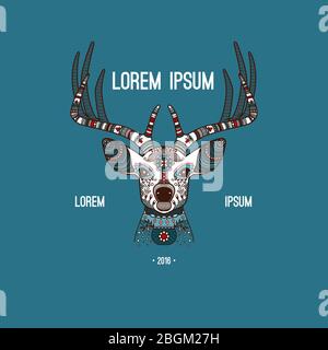 Head of deer with ethnic ornament. Colored image on blue backgroung, logo. Vector illustration Stock Vector