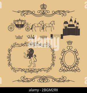 Vintage royal elements and princess decor elements in line style. Vintage royalty frame with crown, princess castle and royal lion. Vector illustration Stock Vector