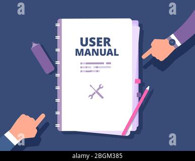 User guide document. User manual, reference with people hands. Handbook, instruction and guidebook vector concept. Hand book guide, guidebook tutorial Stock Vector