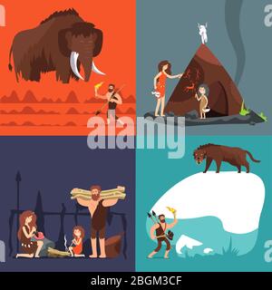 Stone age concepts. Prehistoric ancient human and tools. Primitive man in cave vector cartoon set. Illustration of prehistoric primitive caveman, anci Stock Vector