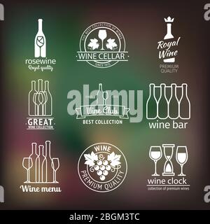 Wine club and restaurant emblems and labels set on blurred background. Vector wine club logo Stock Vector