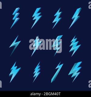 Lightning icon set. Zigzag blue lightning bolts on dark blue background. Vector illustration Stock Vector