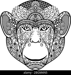 Zentagle monkey head vector illustration. Monkey face with ethnic motifs, hand drawn Stock Vector