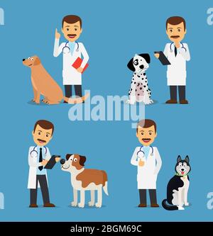 Professional vet doctor with dogs. Veterinarian colored icons on blue background. Vector illustration Stock Vector