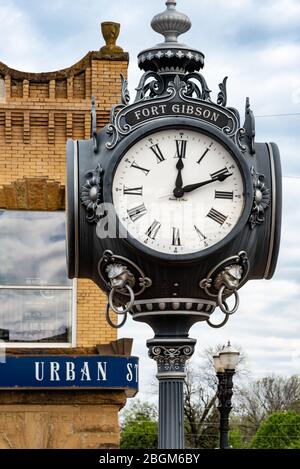 Post clock in historic downtown Fort Gibson, the oldest town in Oklahoma. (USA) Stock Photo