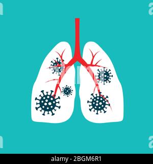 Virus cells eating lung. Virus cells biting lung. Damaged lung. Virus cell with scary and evil face. Coronavirus eating lung concept. COVID-19. 2019-n Stock Vector