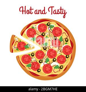 Vegetarian pizza with greens, mushrooms, olive vector isolated on white background. Hot anb tasty food illustration Stock Vector