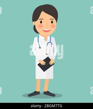 Smiling female doctor standing and holdind notes. Colorful image of woman doctor on blue background. Vector illustration Stock Vector