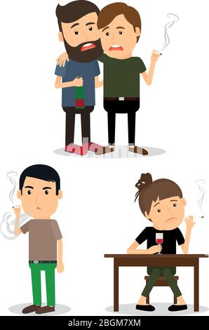 Cartoon Smoking Characters with Cigarettes. Sitting and standing smoking people icons. Vector illustration Stock Vector